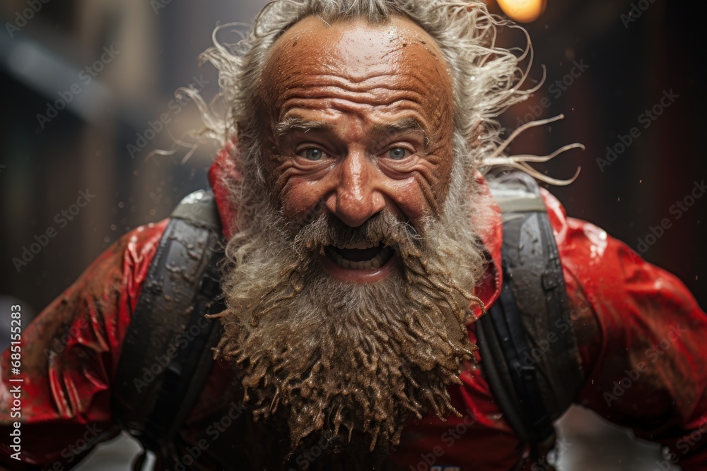 Old man runner embracing the challenge amidst water droplets, runner image