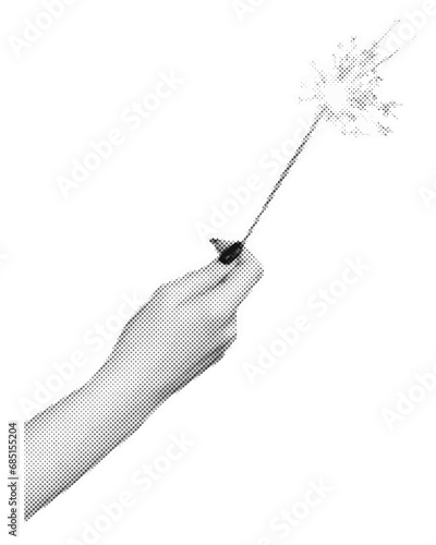 Hand in halftone with sparkler. Christmas vector illustration for poster, banner, website, postcard.