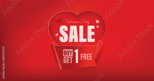 Valentines Day Sale, Buy One Get One Free. BOGO Promotional banner. Heart on red background. Promotion and shopping template.