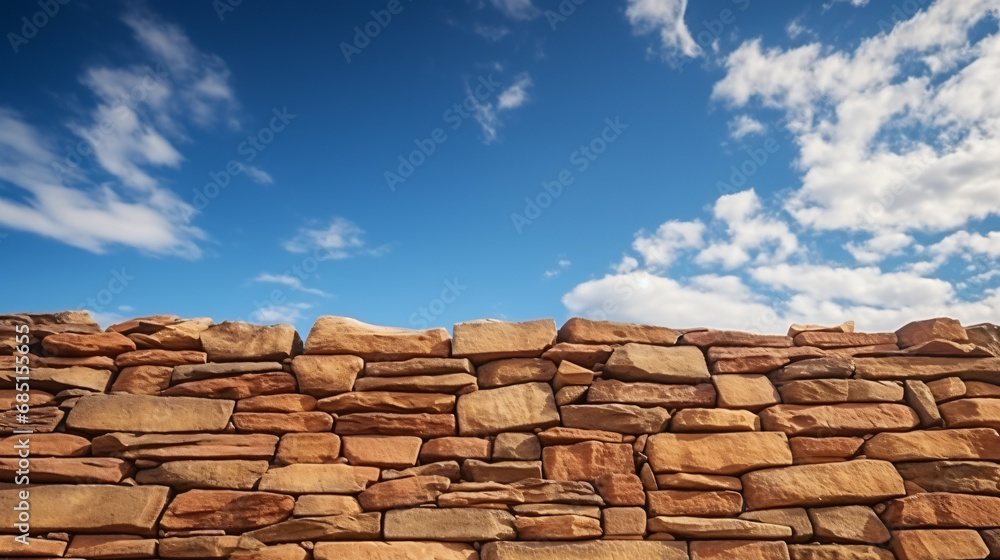 Old brown masonry wall of stones and blue sky background