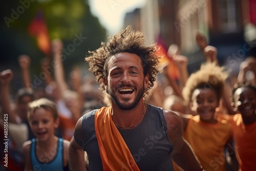 Encouraging the male runner in the final stride, runner image