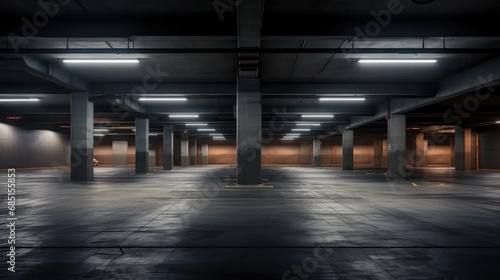 Visualize urban solitude: almost empty parking garage with industrial loft aesthetics. photo