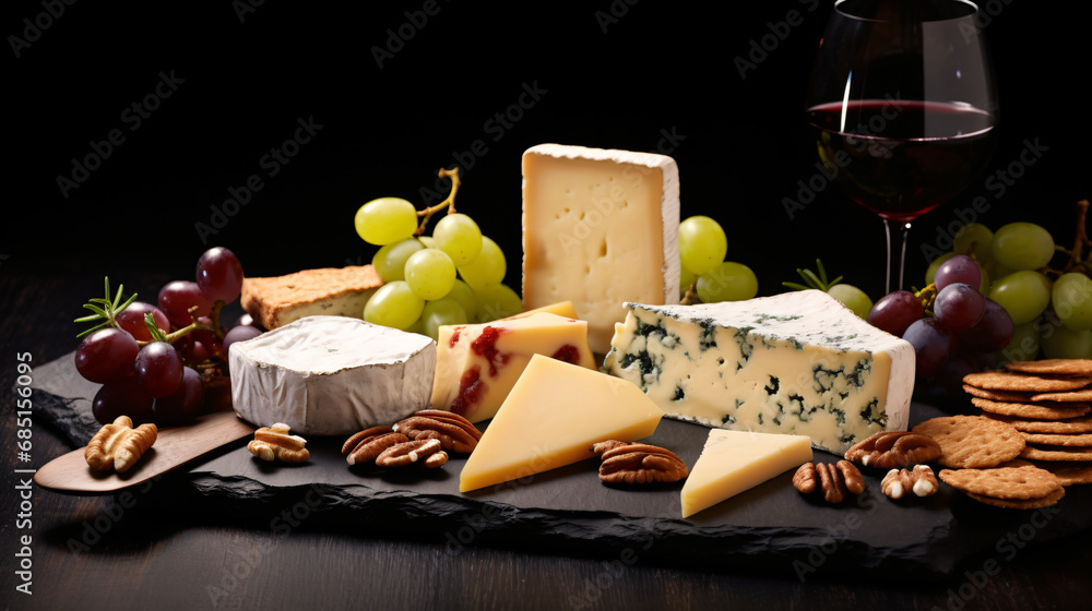 Cheese platter and red wine at black background.