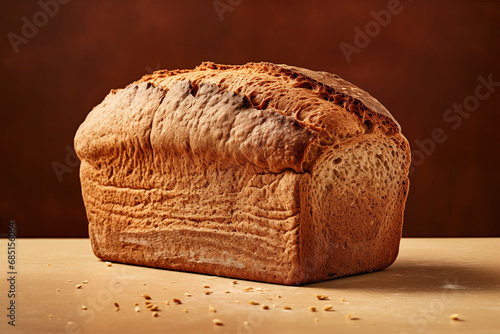 A loaf of rye bread, close up. Brown background.