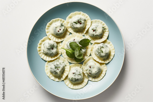ravioli with spinach and cheese on a plate, top view