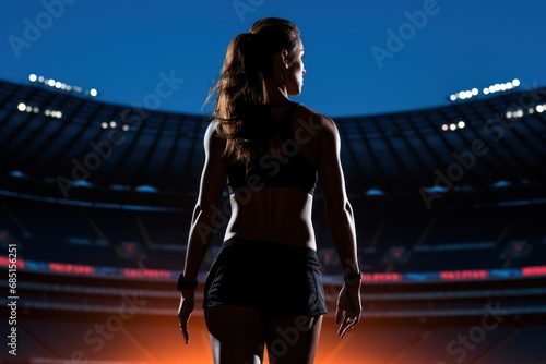 Striking silhouette of female runner against bright lights, runner image