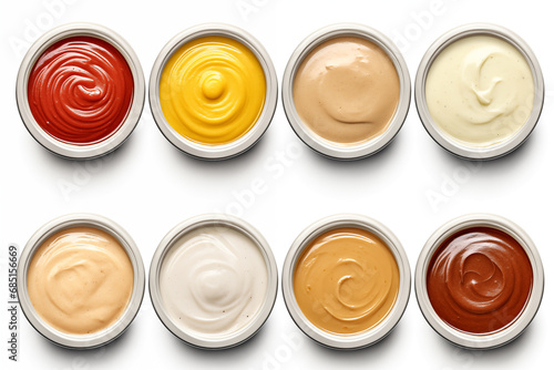 Different types of sauces: mustard, ketchup, Thousand Island, creamy, barbecue, tartar, cheesy, mayo. top view. white background.