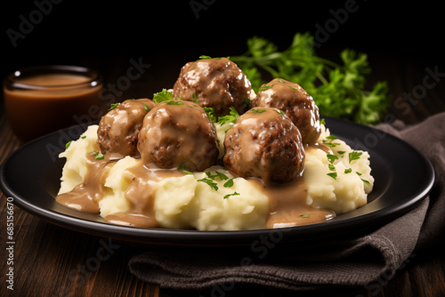 traditional swedish meatballs with meat sauce and mashed potatoes on a plate, close-up. Black background. photo