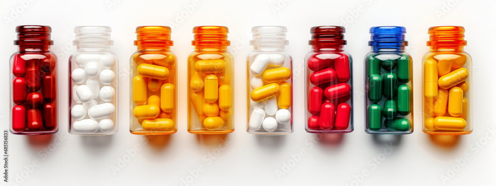 pills scattered and in jars on a white background. medicine pills.Generative AI pills scattered and in jars on a white background. medicine pills.Generative AI