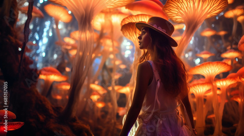 A mysterious girl amidst a beautiful forest of glowing mushrooms.