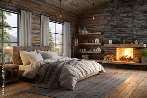 bed room with fireplace