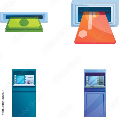 Atm machine icons set cartoon vector. Cash machine, credit card and money. Modern technology