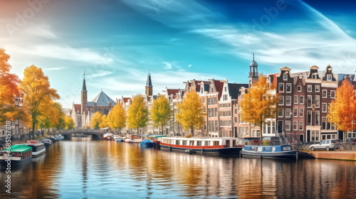  Amsterdam city. Famous Dutch channels and great cityscape
