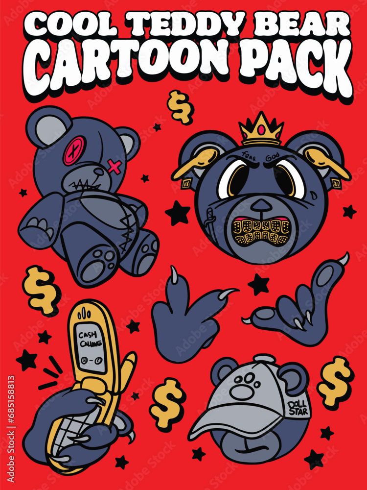 cool teddy bear cartoon illustration package
