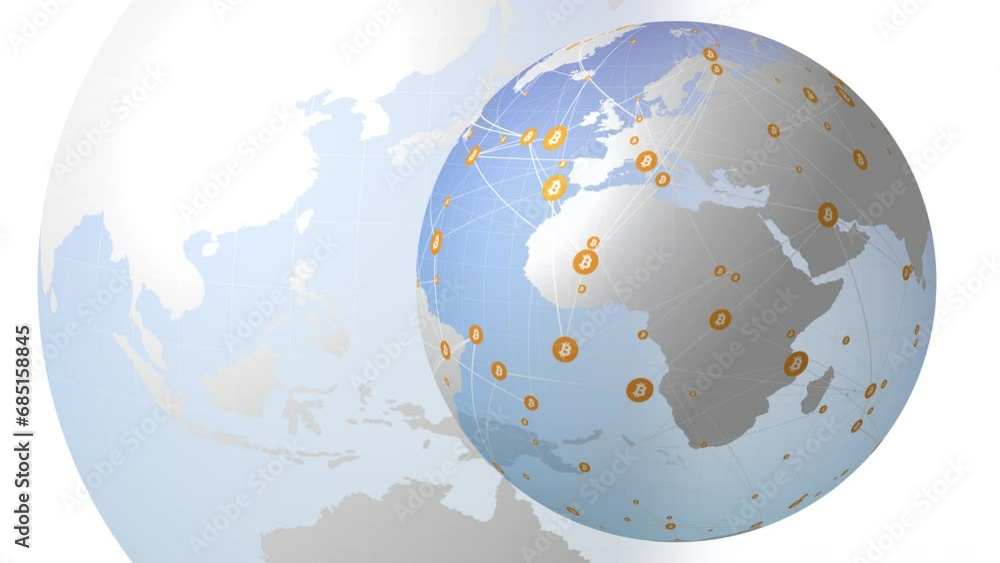 Bitcoin spinning globe of crypto currency on white background low-risk investment for global financial growth and trading Bitcoin spinning globe of crypto currency on white background low-risk investment for global financial growth and trading