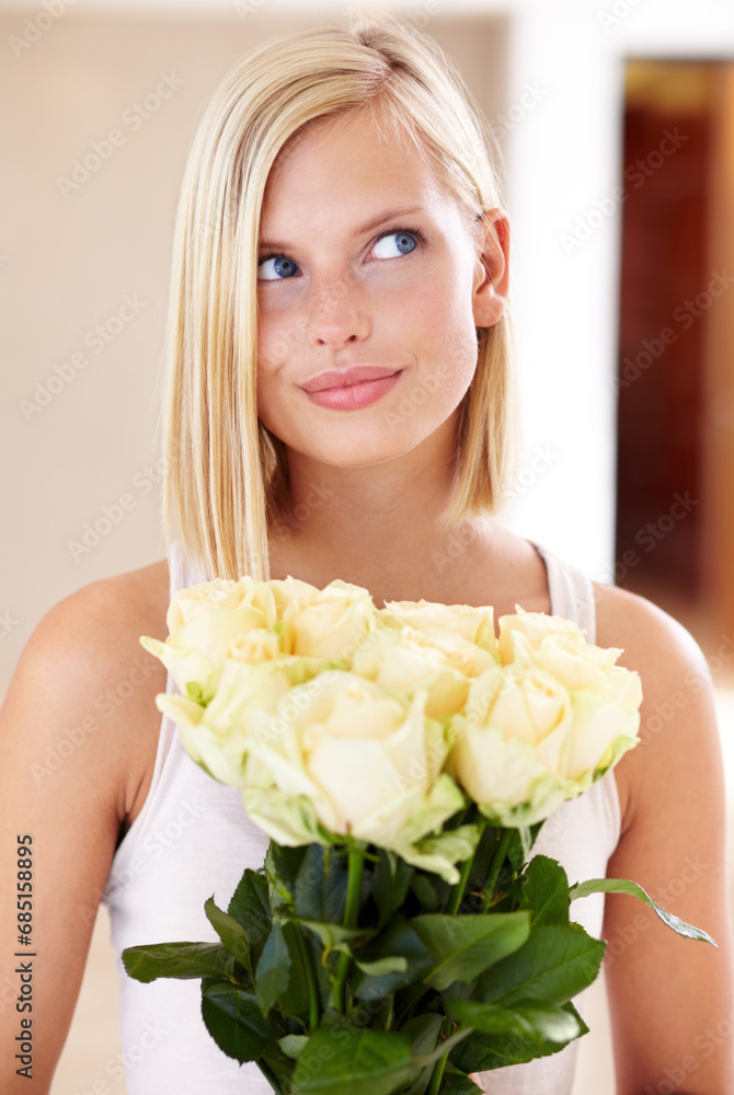 Woman, rose bouquet and eyes with face, holding and floral arrangement in house, confident and gift. Look, female model and flowers for love, present and valentines day with romantic gesture Woman, rose bouquet and eyes with face, holding and floral arrangement in house, confident and gift. Look, female model and flowers for love, present and valentines day with romantic gesture