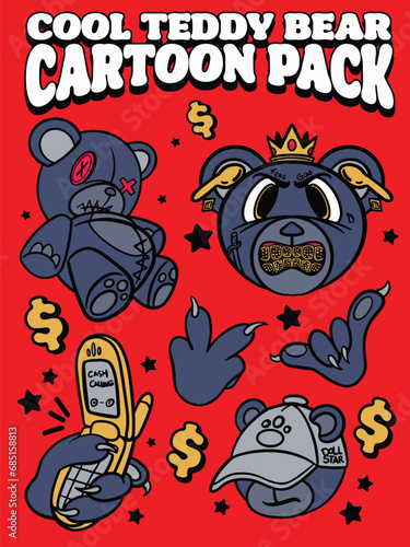 cool teddy bear cartoon illustration package