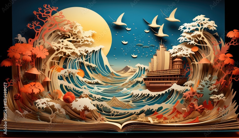 a book has a bird, a ship and ocean near it