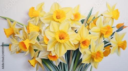 Bright yellow daffodils artistically arranged  providing a burst of color on a white canvas.