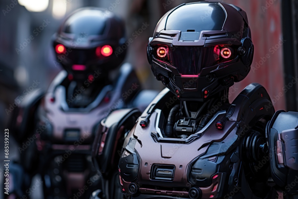 Robotic police officers patrolling city streets ensuring safety and maintaining law and order in a technologically advanced society, futurism image Robotic police officers patrolling city streets ensuring safety and maintaining law and order in a technologically advanced society, futurism image