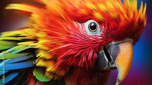 The vivid plumage of a tropical parrot, its crown feathers gleaming with a rainbow of colors. © baloch