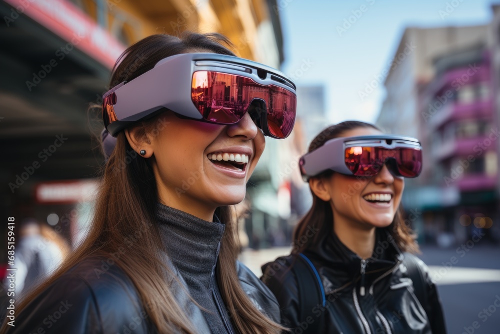 Augmented exploration tourists unveiling city history via ar glasses, futurism image Augmented exploration tourists unveiling city history via ar glasses, futurism image
