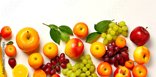 Various fruits healthy food concept Arrange a beautiful top view Including fruits with high vitamins  fresh fruits such as oranges  apples  grapes  etc.  with space on a white background.