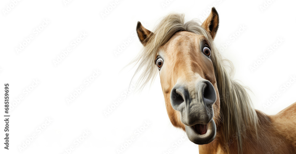 Portrait of a surprised horse on a white background. Banner concept for veterinary clinic or pet store. - obrazy, fototapety, plakaty 