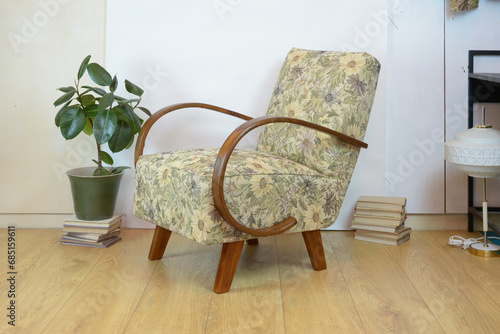 Armchair from the fifties. Czechoslovakia furniture desing. Restored chair with new upholstery. Furniture upcycling. Design made by designer Jindrich Halabala.