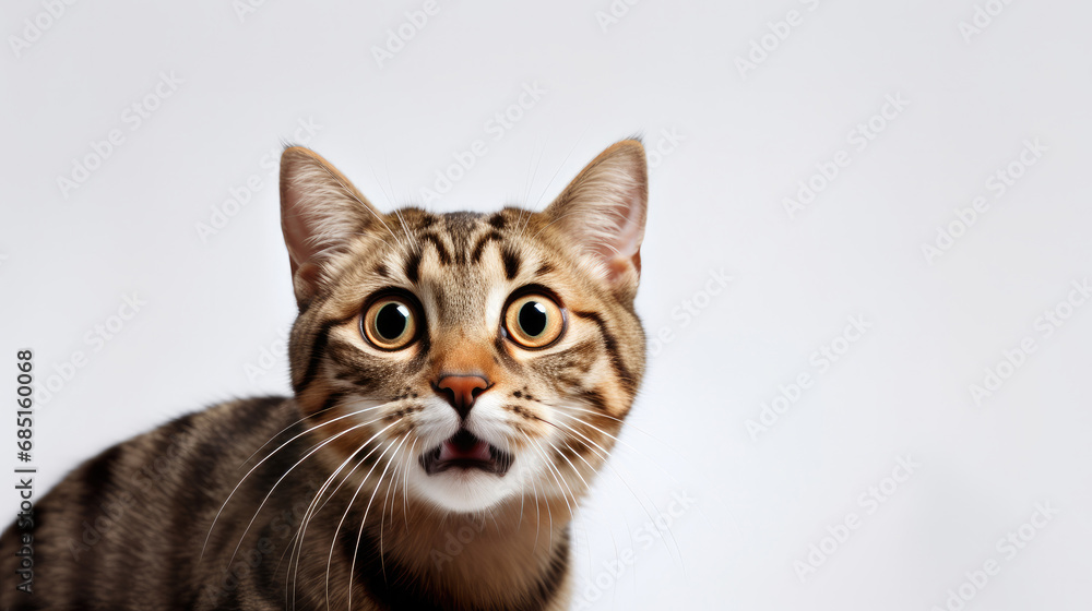 Shocked tabby cat on a white background. Banner concept for veterinary clinic or pet store. Shocked tabby cat on a white background. Banner concept for veterinary clinic or pet store.