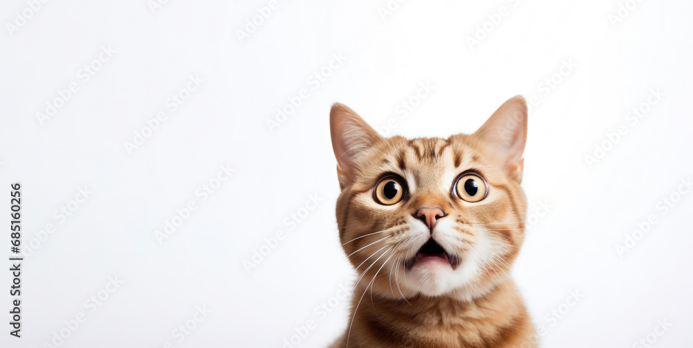 Portrait of a surprised ginger cat on a white background. Banner concept for veterinary clinic or pet store.