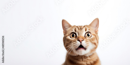 Portrait of a surprised ginger cat on a white background. Banner concept for veterinary clinic or pet store.