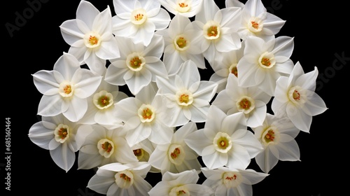 Elegant white daffodils arranged in a circular pattern, symbolizing purity and new beginnings.