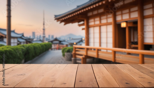 The empty wooden table top with blur background of japan city