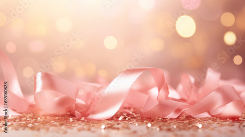 Confetti of golden and pastel pink ribbons on a golden bokeh background. Valentine's day backdrop