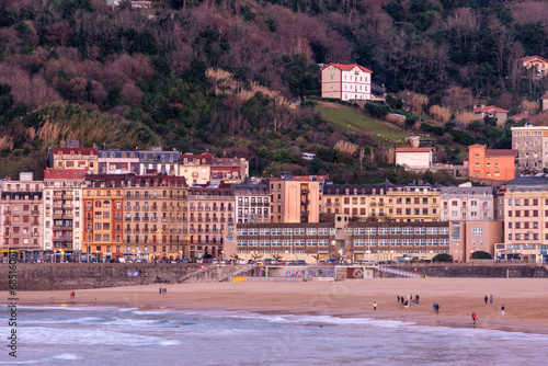 The Zurriola beach of San Sebastian, Spain at Sunset
