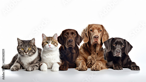 Group of lying cats and dogs on a white background