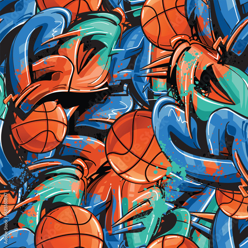 Football seamless pattern with basketball ball, street art style graffiti background text. Slogan Goal time. Sport wall repeat print for boy textile, wrapping paper. Basketball ornament