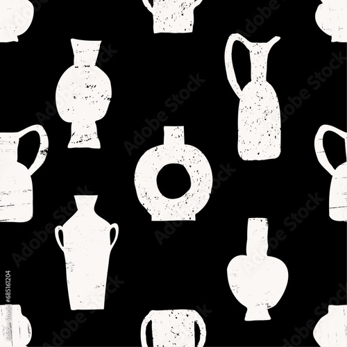 Seamless repeat pattern with hand-drawn trendy clay pots, vases, jugs, jars collection. Neutral colors ceramics design elements, pottery vector wallpaper.