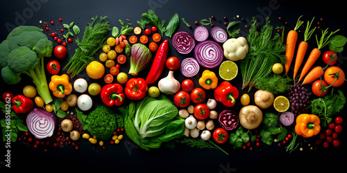 Various fresh fruits and vegetables are displayed together on a dark background.