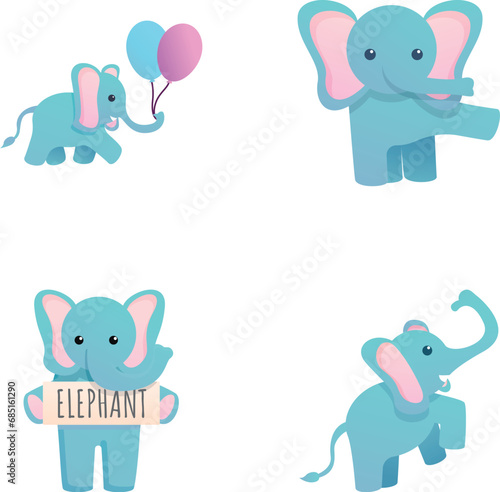 Cute elephant icons set cartoon vector. Baby elephant with balloon. Cartoon character
