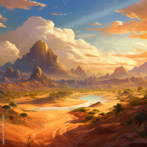 a peaceful desert landscape with rolling dunes and a distant oasis
