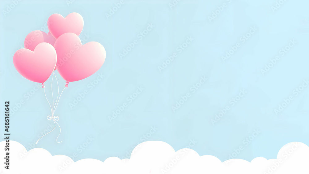 Pink Heart Balloons Floating in the Blue Sky.  A Romantic Valentine's Day Background
