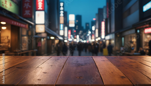 The empty wooden table top with blur background of japan night city photo