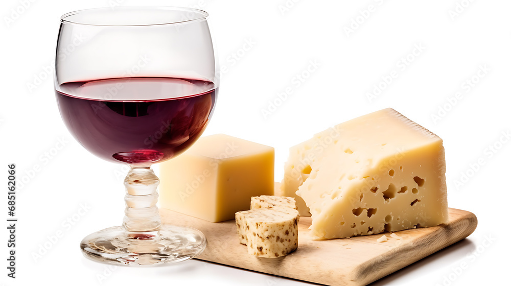 parmesan cheese and glass of red wine isolated on white background. Macro photo.