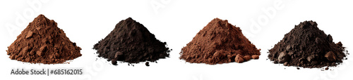 Piles of different types of earth and fertile soil over white transparent background