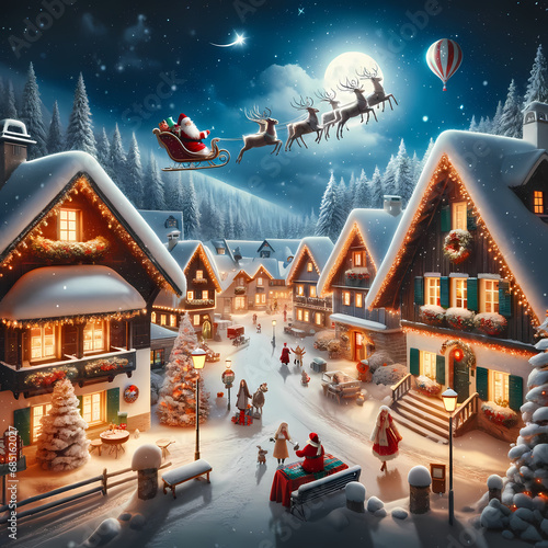 The snowy village during Christmas time  featuring Santa Claus on his sleigh  stars  and a balloon in the sky.