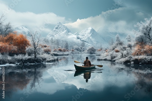 Tranquil winter kayaking on a serene lake surrounded by snowy shores, hygge concept
