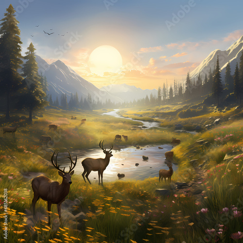 a peaceful meadow with a herd of deer grazing in the soft sunlight © Cao