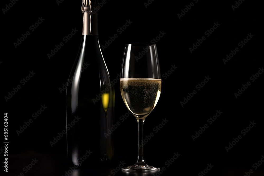 Champagne wine glass and bottle on black background Champagne wine glass and bottle on black background
